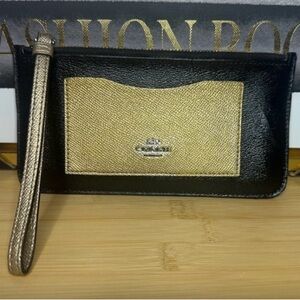 Coach Wristlet Card Holder Black and Gold Metallic Pebbled Leather Color Block